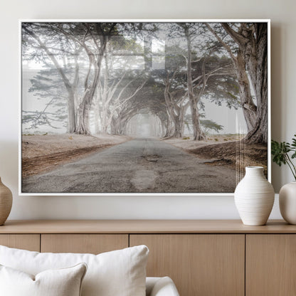 87090469-MGV-FP-60X30-3P_White-Cypress Tunnel Wall Art Canvas Print, Framed Misty Road Art Picture Print, Foggy Trees Perfect Rustic Woodland Decor Artwork