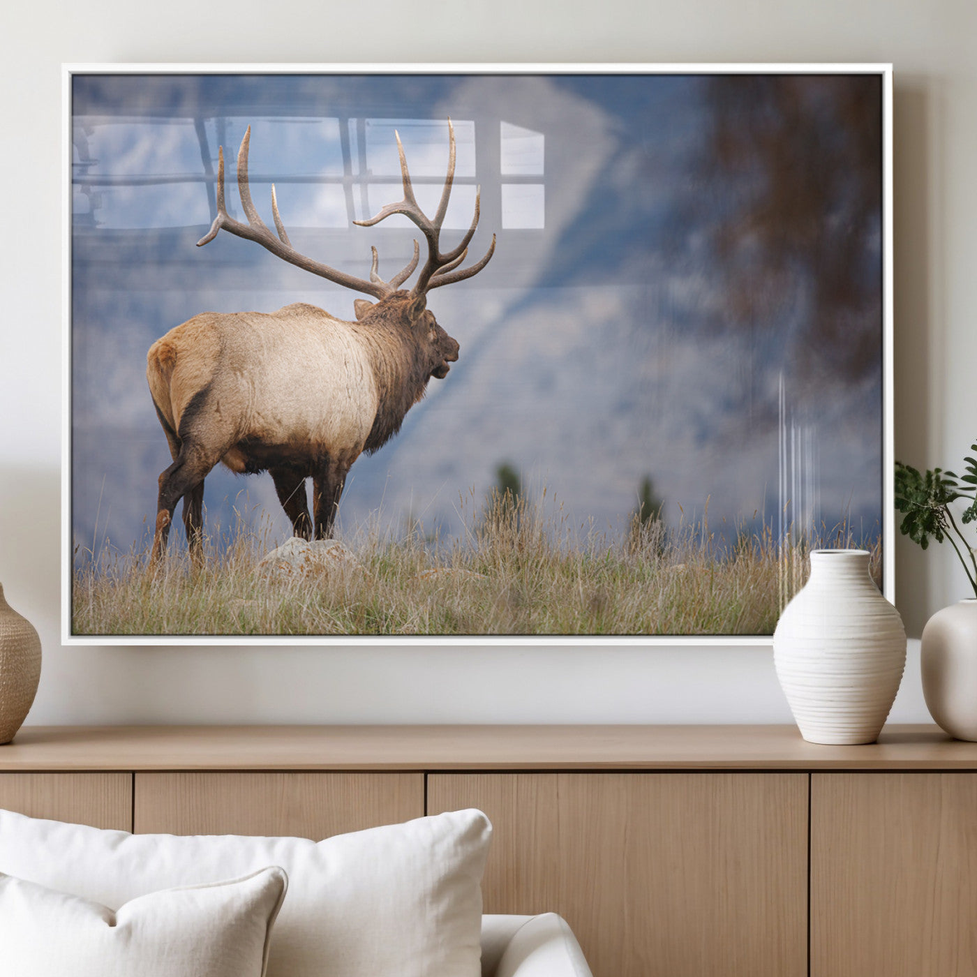 26365841-MGV-FP-36X24-3P_White-Mountain Elk Art Wall Art Canvas Print, Framed Rustic Wildlife Print Art Picture Print, Lodge Style Decor Perfect Rustic Lodge