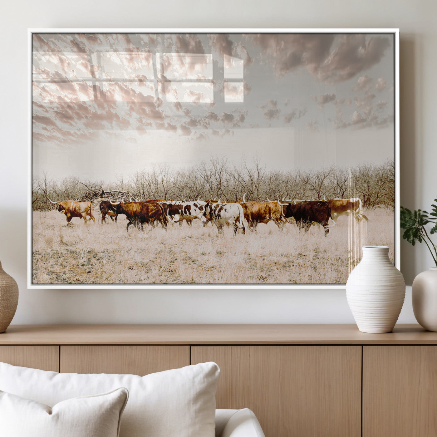64892775-MGV-FP-36X24-3P_White-Longhorn Cattle Wall Art Canvas Print, Framed Texas Ranch Art Picture Print, Western Cow Perfect Western Decor Artwork