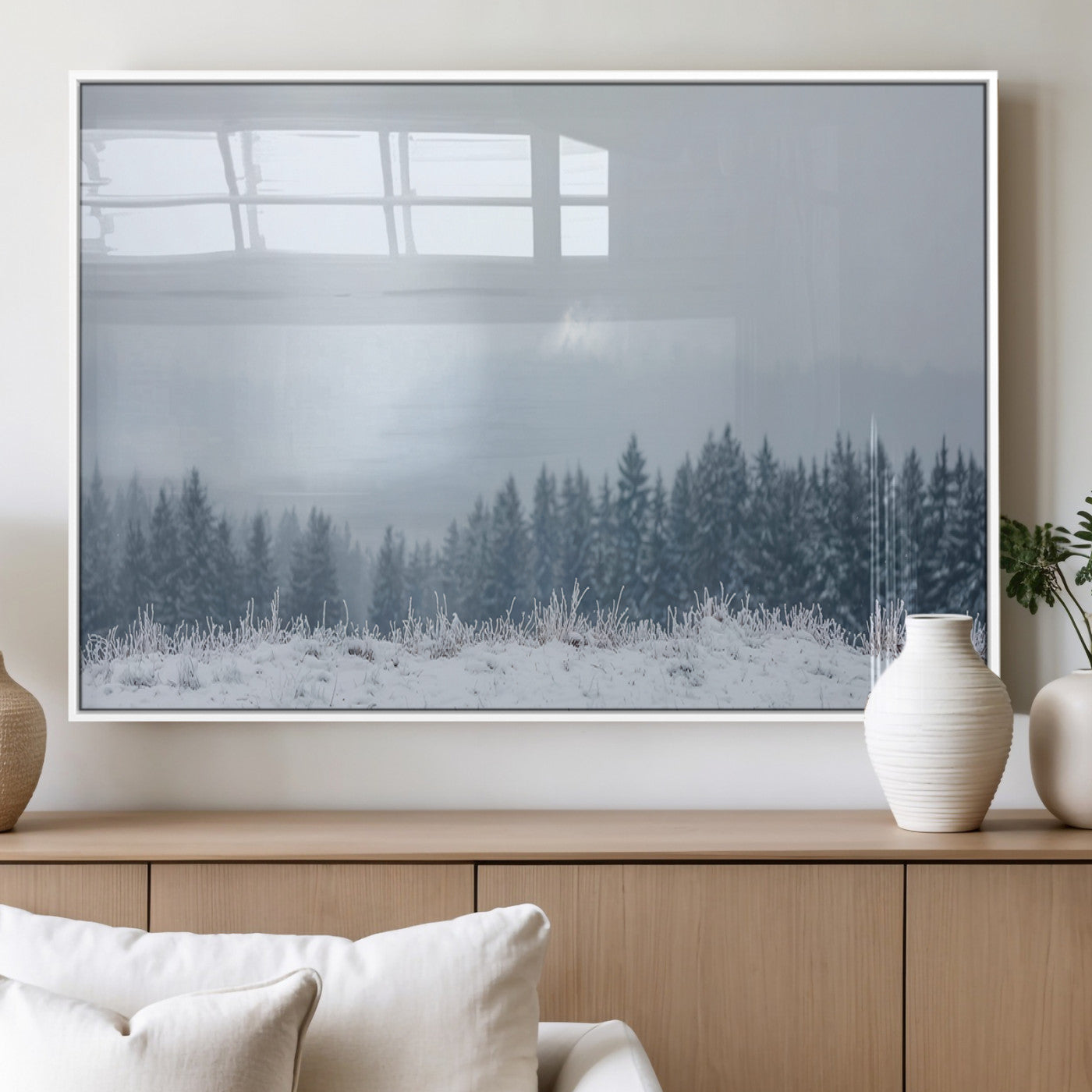 33033082-MGV-FP-60X30-3P_White-Winter Forest Art Wall Art Canvas Print, Framed Snowy Landscape Art Picture Print, Misty Tree Scene Perfect Nordic Minimalist