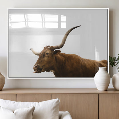 62566114-MGV-FP-60X30-3P_White-Longhorn Cow Art Wall Art Canvas Print, Framed Rustic Animal Decor Art Picture Print, Texas Bull Photo Perfect Rustic Farmhouse