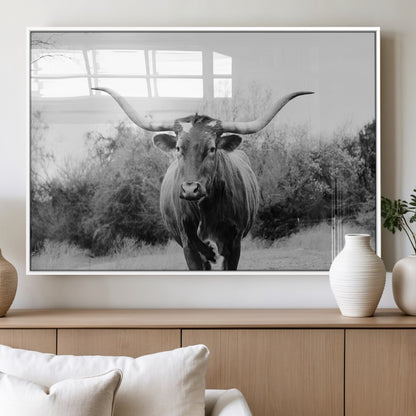 97280319-MGV-FP-36X24-3P_White-Longhorn Photography Wall Art Canvas Print, Framed Western Cow Decor Art Picture Print, Texas Ranch Style Perfect Rustic Farmhouse