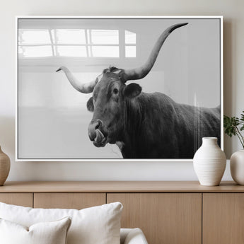 99244177-MGV-FP-36X24-3P_White-Longhorn Photography Wall Art Canvas Print, Framed Western Cow Decor Art Picture Print, Black White Bull Perfect Modern Rustic