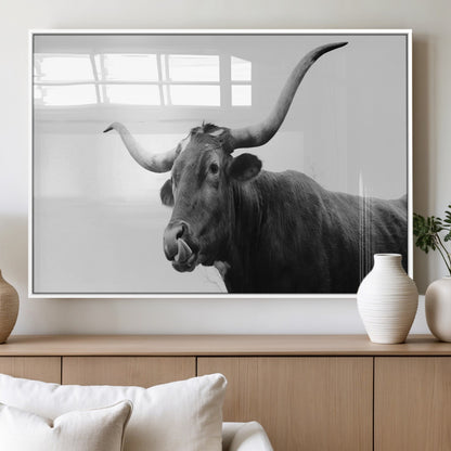 99244177-MGV-FP-36X24-3P_White-Longhorn Photography Wall Art Canvas Print, Framed Western Cow Decor Art Picture Print, Black White Bull Perfect Modern Rustic