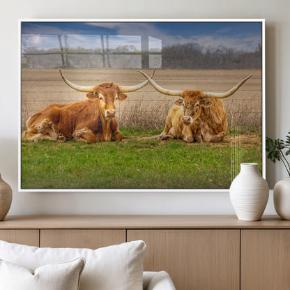 97244565-MGV-FP-36X24-3P_White-Longhorn Duo Wall Art Canvas Print, Framed Cozy Ranch Vibes Art Picture Print, Western Ranch Decor Perfect Rustic Farmhouse Decor