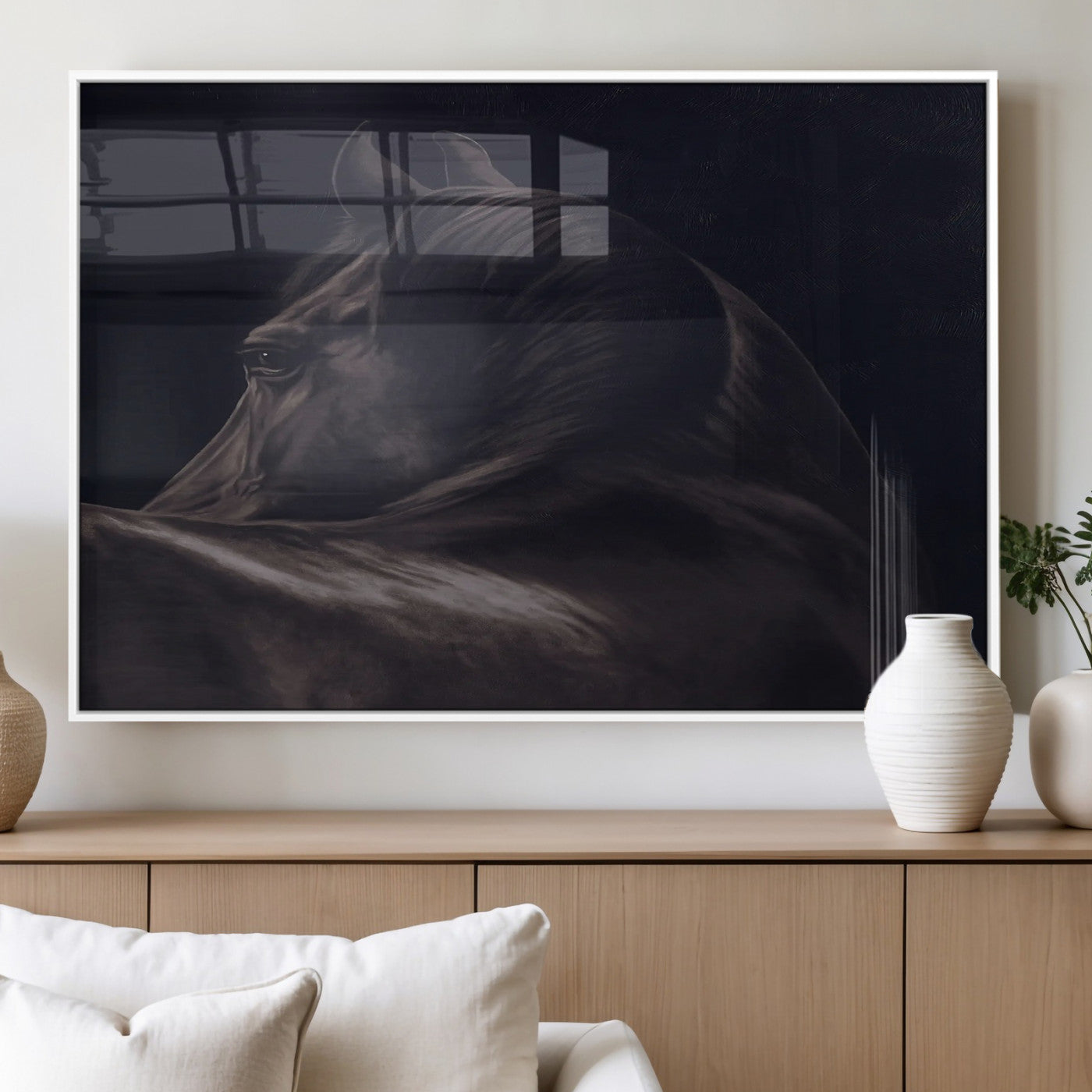 67026880-MGV-FP-60X30-3P_White-Black Horse Portrait Wall Art Canvas Print, Framed Moody Horse Decor Art Picture Print, Equestrian Wall Style Perfect Masculine