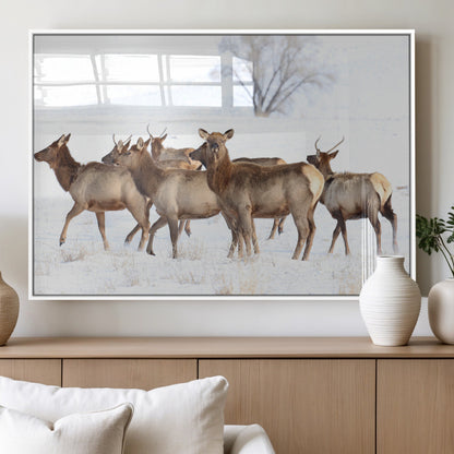 68738684-MGV-FP-36X24-3P_White-Winter Elk Scene Wall Art Canvas Print, Framed Wildlife Photography Art Picture Print, Snowy Deer Decor Perfect Rustic Lodge Decor