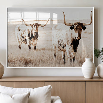 39672786-MGV-FP-36X24-3P_White-Rustic Cow Scene Wall Art Canvas Print, Framed Farmhouse Style Cattle Art Picture Print, Prairie Animal Duo Perfect Rustic Western