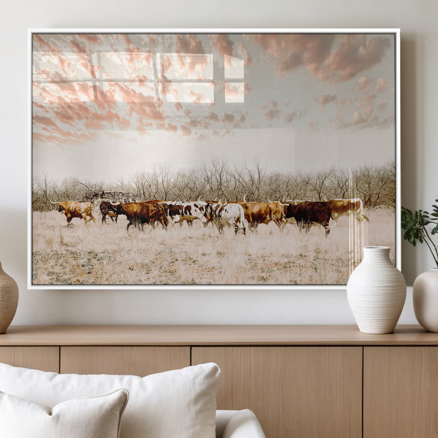 43704663-MGV-FP-60X30-3P_White-Country Cow Herd Wall Art Canvas Print, Framed Farmhouse Cattle Scene Art Picture Print, Rustic Ranch Decor Perfect Rustic