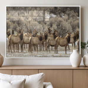 90269422-MGV-FP-60X30-3P_White-Elk Herd Scene Wall Art Canvas Print, Framed Rustic Wildlife Decor Art Picture Print, Western Cabin Style Perfect Rustic Lodge