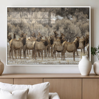 90269422-MGV-FP-60X30-3P_White-Elk Herd Scene Wall Art Canvas Print, Framed Rustic Wildlife Decor Art Picture Print, Western Cabin Style Perfect Rustic Lodge