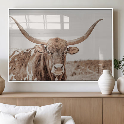 77810049-MGV-FP-60X30-3P_White-Longhorn Bull Photo Wall Art Canvas Print, Framed Rustic Cow Decor Art Picture Print, Neutral Farmhouse Style Perfect Rustic
