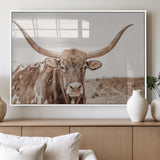 77810049-MGV-FP-36X24-3P_White-Longhorn Bull Photo Wall Art Canvas Print, Framed Rustic Cow Decor Art Picture Print, Neutral Farmhouse Style Perfect Rustic