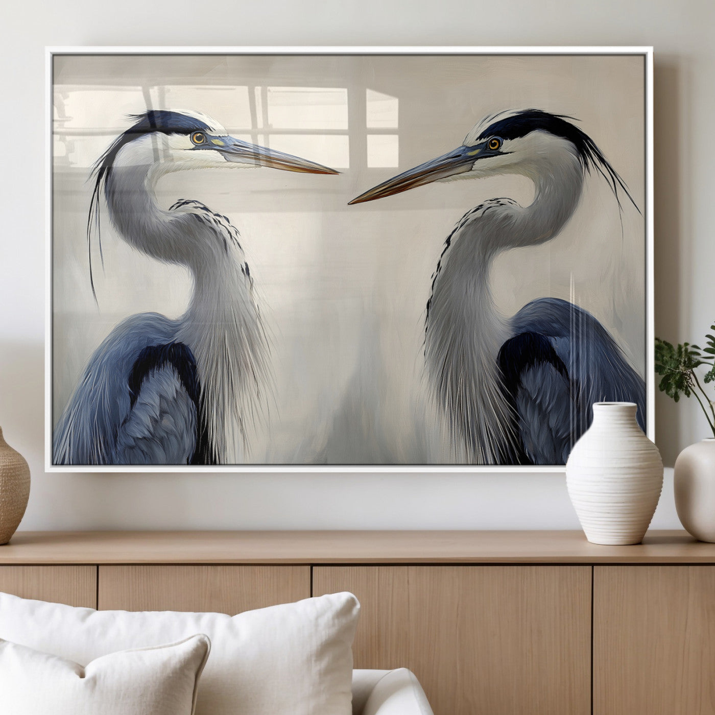 18230556-MGV-FP-36X24-3P_White-Blue Heron Pair Wall Art Canvas Print, Framed Coastal Bird Theme Art Picture Print, Tranquil Wildlife Scene Perfect Coastal