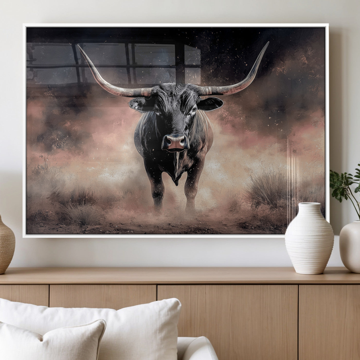 71457818-MGV-FP-36X24-3P_White-Longhorn Wall Art Wall Art Canvas Print, Framed Western Bull Canvas Art Picture Print, Rustic Cow Decor Perfect Western Dramatic