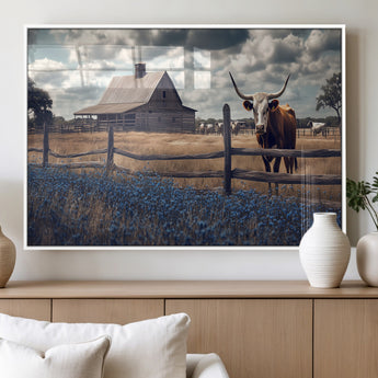 51092814-MGV-FP-36X24-3P_White-Texas Longhorn Wall Art Wall Art Canvas Print, Framed Rustic Barn Canvas Art Picture Print, Farmhouse Cow Decor Perfect Rustic