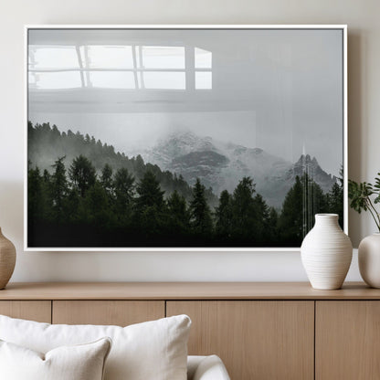 55968349-MGV-FP-36X24-3P_White-Misty Mountains Wall Art Canvas Print, Framed Foggy Forest Art Picture Print, Snowy Peaks Perfect Moody Wilderness Decor Artwork