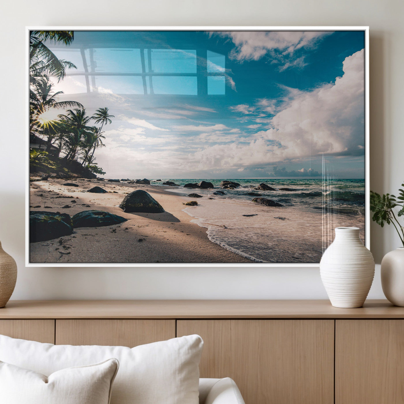 95301406-MGV-FP-36X24-3P_White-Tropical Beach Wall Art Canvas Print, Framed Ocean Waves Art Picture Print, Relazxing Seascape Perfect Tropical Coastal Decor