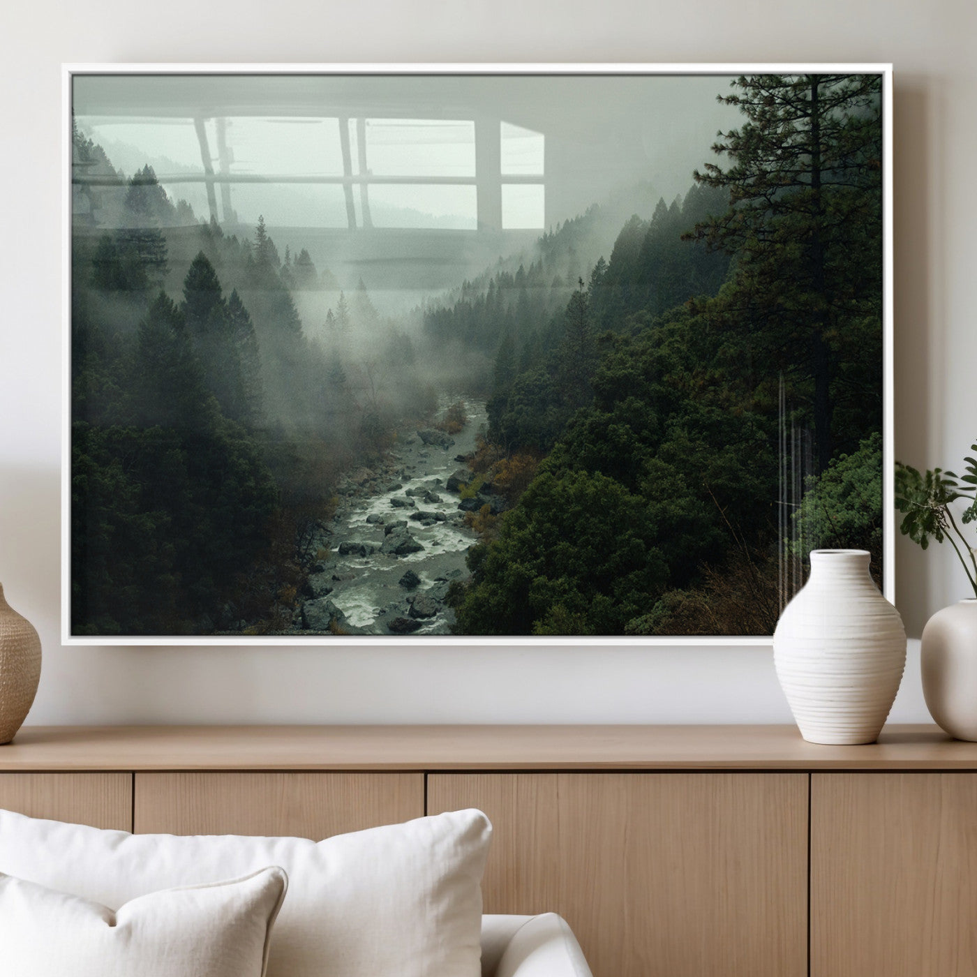 48497565-MGV-FP-36X24-3P_White-Misty Forest Wall Art Canvas Print, Framed Foggy River Art Picture Print, Moody Landscape Perfect Moody Wilderness Decor Artwork