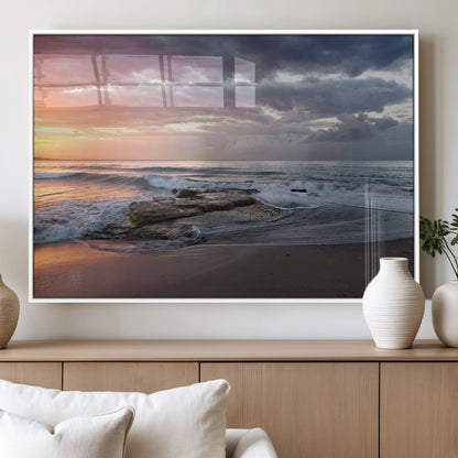 94208089-MGV-FP-36X24-3P_White-Golden Hour Wall Art Canvas Print, Framed Tranquil Waves Art Picture Print, Beach Horizon Perfect Coastal Serenity Decor Artwork