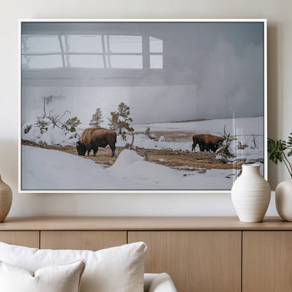 60308289-MGV-FP-36X24-3P_White-Bison Wildlife Wall Art Canvas Print, Framed Snowy Prairie Art Picture Print, Western Landscape Perfect Rustic Winter Decor