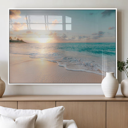 94538225-MGV-FP-36X24-3P_White-Beach Sunset Wall Art Canvas Print, Framed Ocean Waves Art Picture Print, Summer Escape Perfect Coastal Serenity Decor Artwork