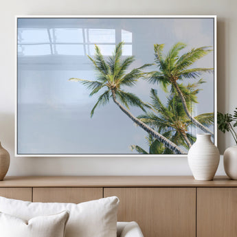 54719115-MGV-FP-36X24-3P_White-Palm Trees Wall Art Canvas Print, Framed Tropical Aesthetic Art Picture Print, Coastal Serenity Perfect Tropical Minimalist Decor