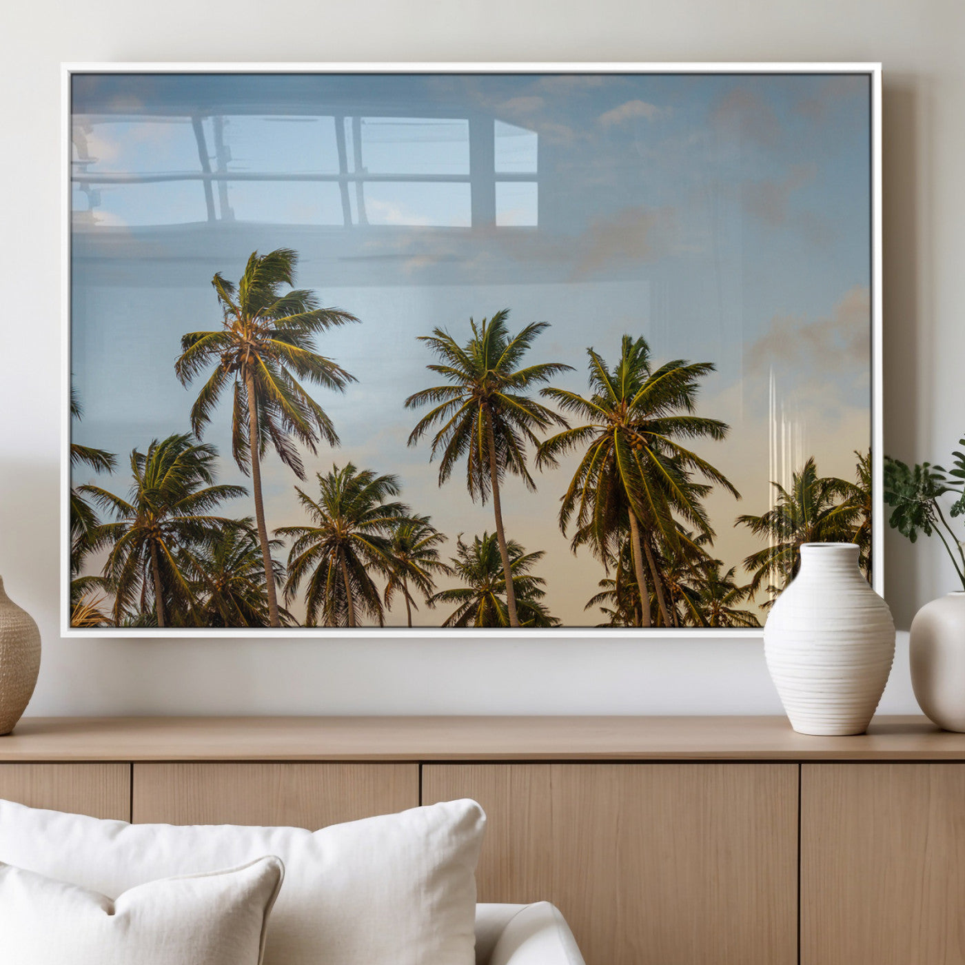 99033771-MGV-FP-36X24-3P_White-Palm Trees Wall Art Canvas Print, Framed Tropical Vibes Art Picture Print, Coastal Sunset Perfect Coastal Boho Decor Artwork