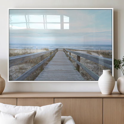 31602988-MGV-FP-36X24-3P_White-Beach Boardwalk Wall Art Canvas Print, Framed Coastal Serenity Art Picture Print, Ocean View Perfect Coastal Minimalist Decor