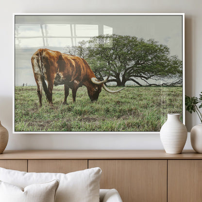 91866234-MGV-FP-36X24-3P_White-Texas Longhorn Wall Art Canvas Print, Framed Rustic Ranch Art Picture Print, Western Cattle Perfect Rustic Farmhouse Decor Artwork