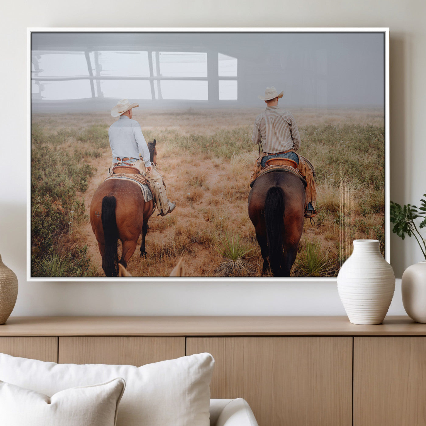 54943176-MGV-FP-36X24-3P_White-Cowboy Wall Art Wall Art Canvas Print, Framed Western Canvas Art Picture Print, Rustic Ranch Scene Perfect Rustic Western Decor