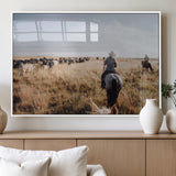 22431577-MGV-FP-36X24-3P_White-Western Wall Art Wall Art Canvas Print, Framed Cowboy Canvas Art Picture Print, Cattle Drive Scene Perfect Rustic Western Decor