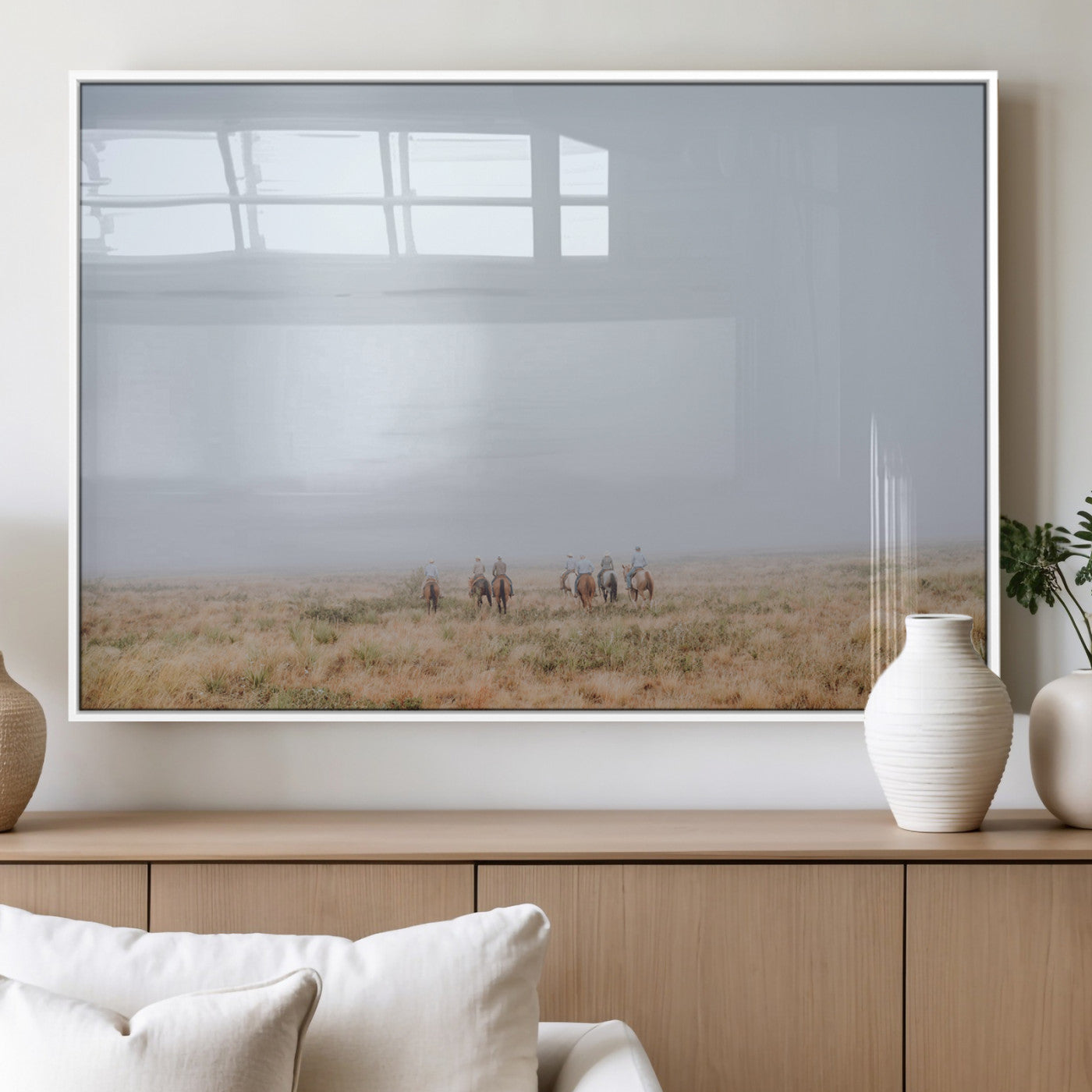 14761944-MGV-FP-36X24-3P_White-Foggy Plains Wall Art Canvas Print, Framed Horseback Riders Art Picture Print, Rustic Western Perfect Rustic Western Decor Artwork