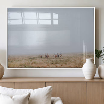 14761944-MGV-FP-36X24-3P_White-Foggy Plains Wall Art Canvas Print, Framed Horseback Riders Art Picture Print, Rustic Western Perfect Rustic Western Decor Artwork