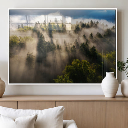 14785710-MGV-FP-36X24-3P_White-Tranquil Forest Scene Wall Art Canvas Print, Framed Sunbeam Through Trees Art Picture Print, Moody Green Wall Art Perfect