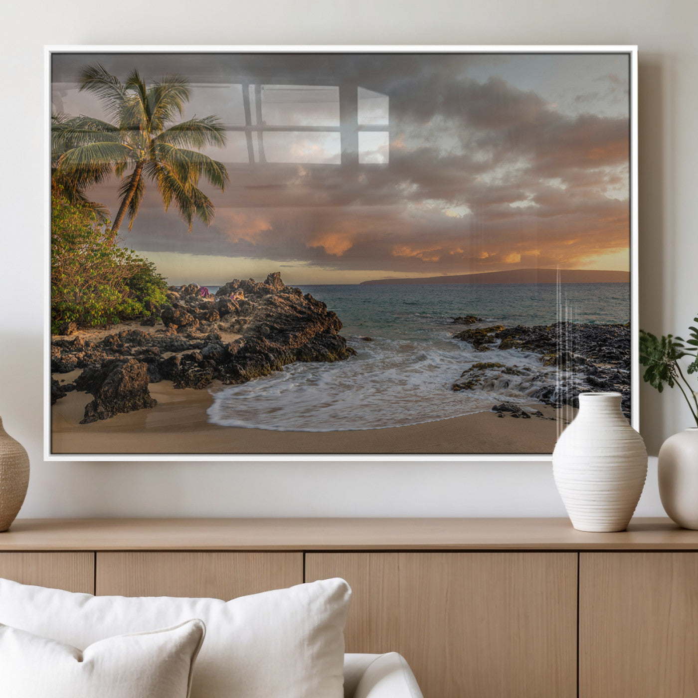 55108220-MGV-FP-36X24-3P_White-Tropical Beach Wall Art Canvas Print, Framed Hawaiian Sunset Art Picture Print, Ocean Waves Perfect Coastal Tropical Decor Artwork