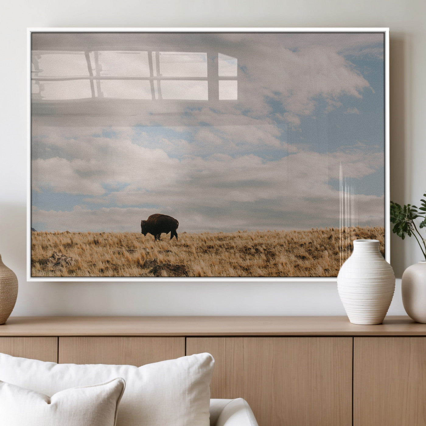 22754563-MGV-FP-36X24-3P_White-Earthy Tones Wall Art Canvas Print, Framed Rustic Nature Art Picture Print, Solitary Buffalo Perfect Western Minimalist Decor