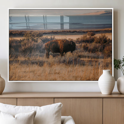 39509187-MGV-FP-36X24-3P_White-Western Wildlife Wall Art Canvas Print, Framed Bison Art Picture Print, Golden Hour Perfect Western Rustic Decor Artwork