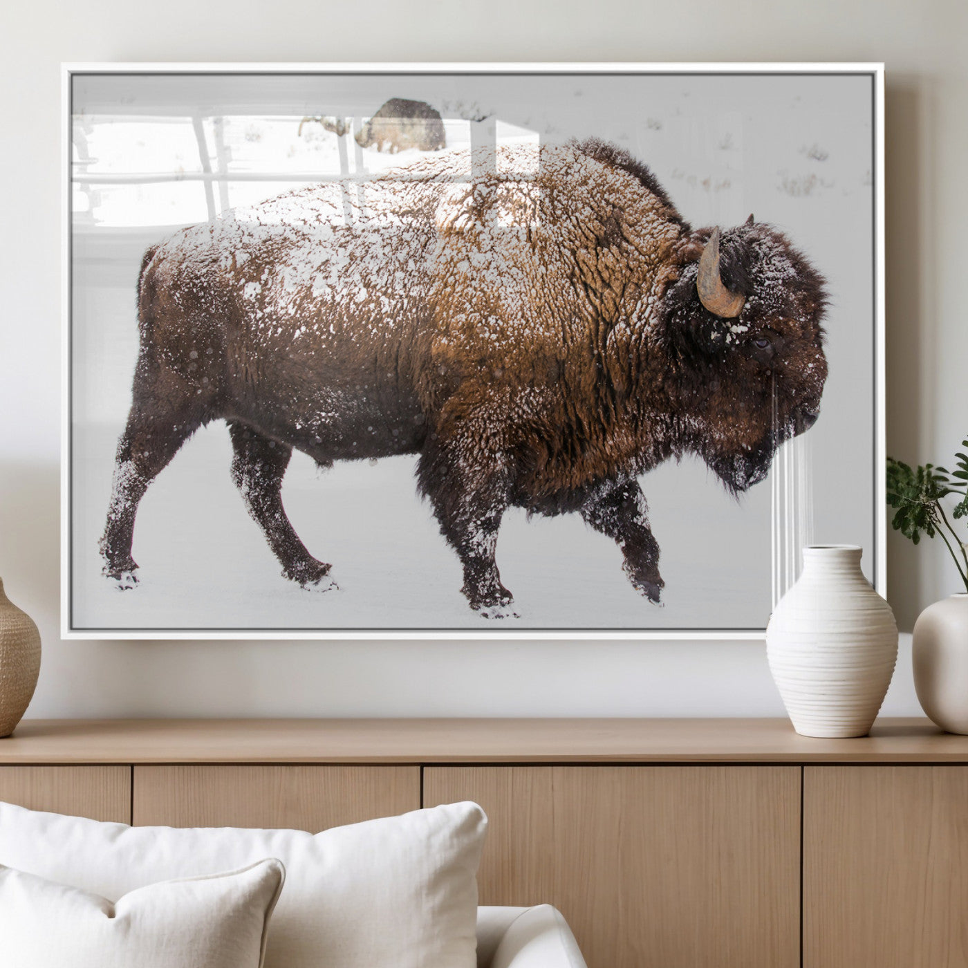 94261165-MGV-FP-36X24-3P_White-Snowy Buffalo Wall Art Canvas Print, Framed Wildlife Photography Art Picture Print, Brown Tones Perfect Rustic Lodge Decor Decor