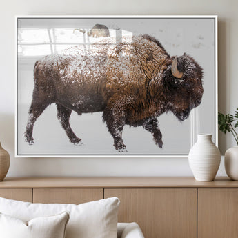 94261165-MGV-FP-36X24-3P_White-Snowy Buffalo Wall Art Canvas Print, Framed Wildlife Photography Art Picture Print, Brown Tones Perfect Rustic Lodge Decor Decor