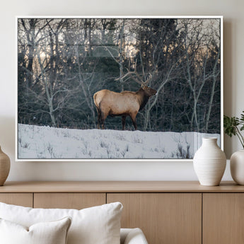 36533178-MGV-FP-36X24-3P_White-Wild Elk Photography Wall Art Canvas Print, Framed Winter Wildlife Art Picture Print, Snowy Forest Perfect Rustic Lodge Decor