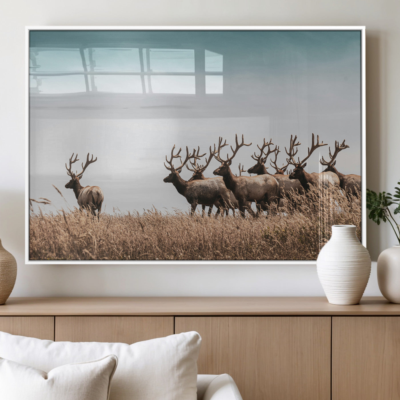 81594705-MGV-FP-36X24-3P_White-Elk Herd Wall Art Canvas Print, Framed Wildlife Photography Art Picture Print, Rustic Nature Print Perfect Rustic Wildlife Decor