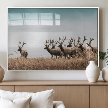 81594705-MGV-FP-36X24-3P_White-Elk Herd Wall Art Canvas Print, Framed Wildlife Photography Art Picture Print, Rustic Nature Print Perfect Rustic Wildlife Decor