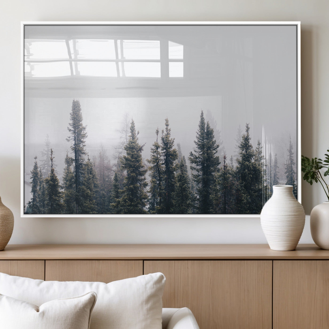 42364796-MGV-FP-36X24-3P_White-Foggy Forest Wall Art Canvas Print, Framed Misty Pines Art Picture Print, Moody Woodland Perfect Scandinavian Minimalist Decor