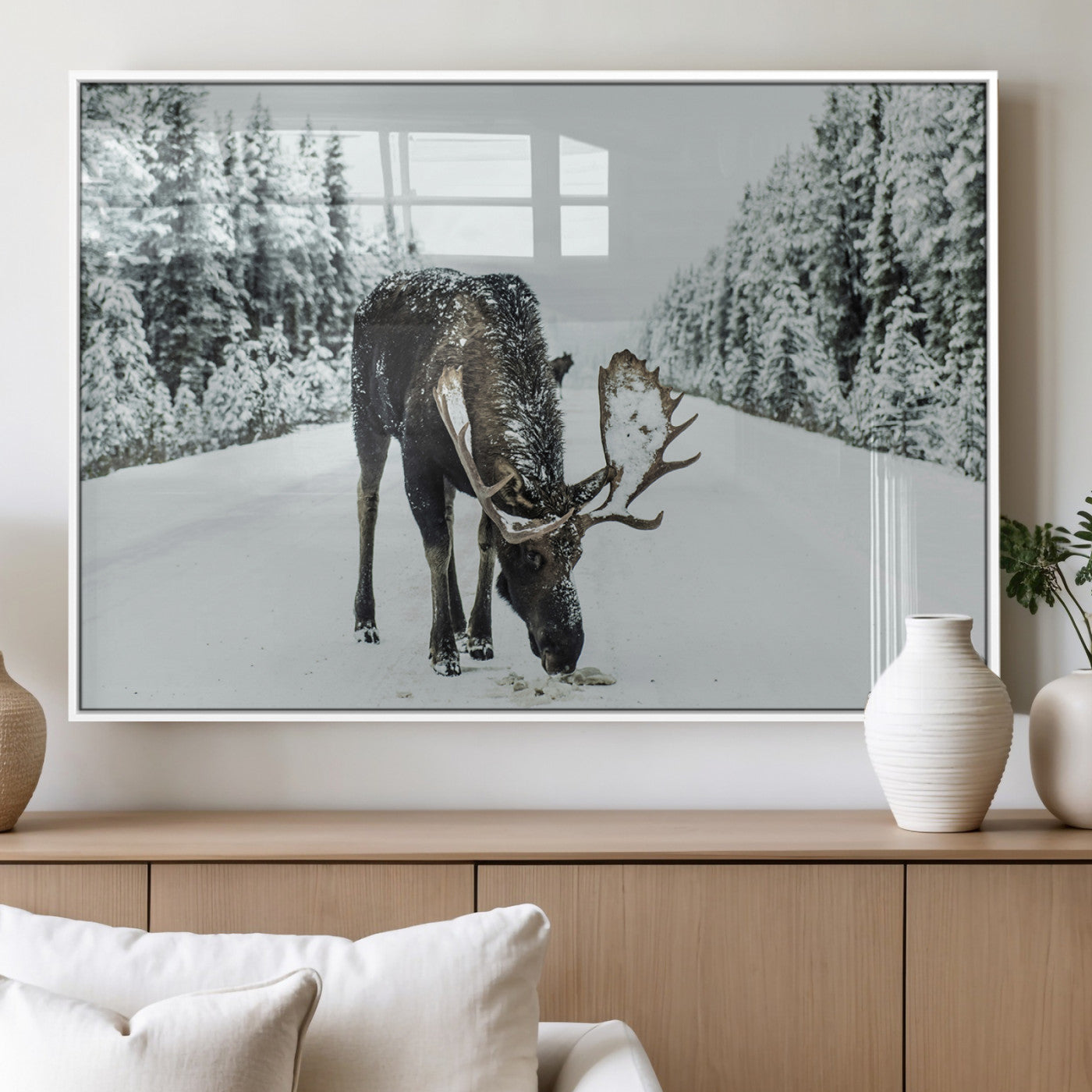 13316292-MGV-FP-36X24-3P_White-Moose in Snow Wall Art Canvas Print, Framed Winter Wildlife Art Picture Print, Snowy Forest Scene Perfect Rustic Lodge Decor