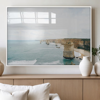 70095633-MGV-FP-60X30-3P_White-Twelve Apostles Wall Art Canvas Print, Framed Coastal Cliffs Art Picture Print, Rugged Rock Formations Perfect Minimalist Coastal