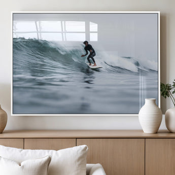 11693607-MGV-FP-36X24-3P_White-Surfer on Wave Wall Art Canvas Print, Framed Ocean Adventure Art Picture Print, Motion Blur Water Perfect Coastal Adventure Decor