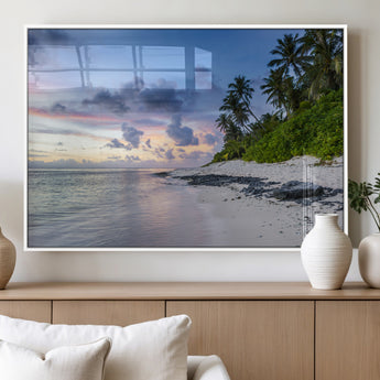 75045485-MGV-FP-36X24-3P_White-Tropical Beach Wall Art Canvas Print, Framed Sunset Glow Art Picture Print, Palm Tree Coast Perfect Tropical Coastal Decor Artwork