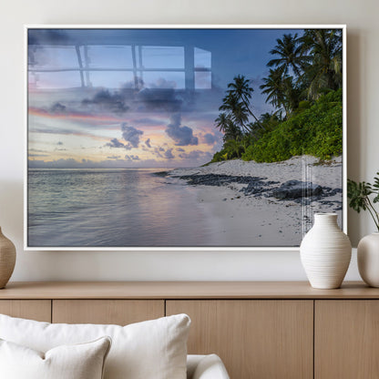 75045485-MGV-FP-36X24-3P_White-Tropical Beach Wall Art Canvas Print, Framed Sunset Glow Art Picture Print, Palm Tree Coast Perfect Tropical Coastal Decor Artwork