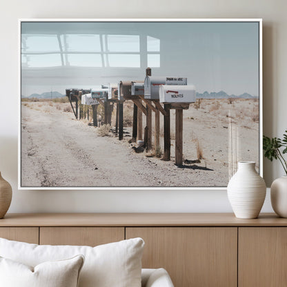 54616109-MGV-FP-36X24-3P_White-Desert Mailboxes Wall Art – Rustic Rural Roadside Photography Canvas Print, American Southwest Landscape Home Decor for Living